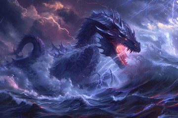Wall Mural - fierce dragon battling waves and lightning, intense night scene with chaotic atmosphere