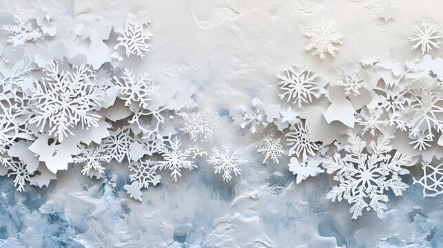 Paper cut snowflakes and stars in a layered textured winter sky intricate and delicate style