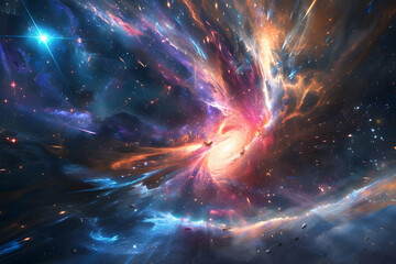 Vibrant space scene with nebula, quasars, and pulsar in an ethereal galactic journey