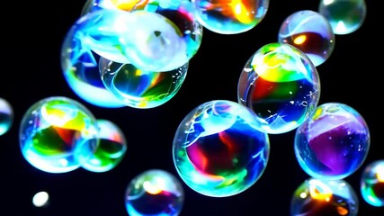 Poster - Holographic rainbow colored soap bubbles flowing in liquid water or oil on the black background