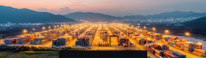 Poster - Efficient cargo logistics and shipping operations at a busy container terminal nighttime scene industrial environment aerial view