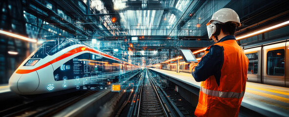 Poster - engineer using ai software to control electric monorail railway system at major junction