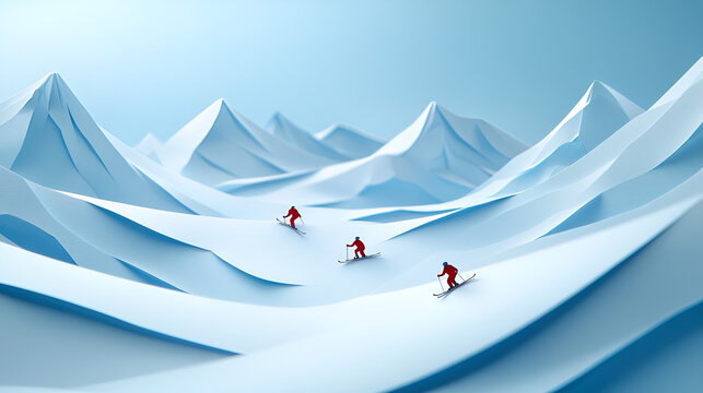 Papercut mountain range with skiers racing down snow covered slopes thrilling winter sports scene