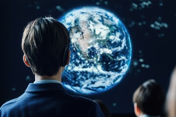 Poster - Futuristic classroom setting with holographic technology dynamic lighting showcasing education advancements in 2025