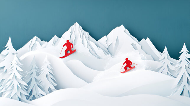 Papercut mountains with snowboarders carving through powdery snow dynamic and festive