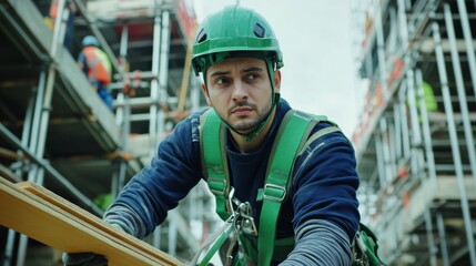 Poster - A scaffolding technician in a green safety harness and helmet, securing scaffold planks and looking into the camera, with a background of multi-level scaffolding and construction workers