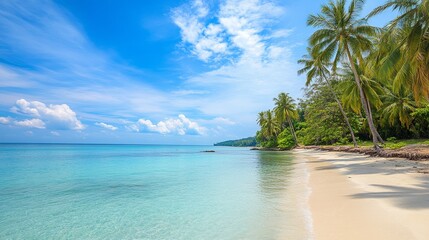Aufkleber - A scenic coastal beach with crystal-clear waters and palm trees against a blue sky, Beach scene, Tropical paradise style