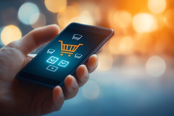 Poster - Person holding smartphone with shopping cart icon on screen