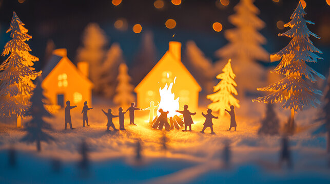 Papercut village festival with tiny people dancing around a bonfire snowy forest background