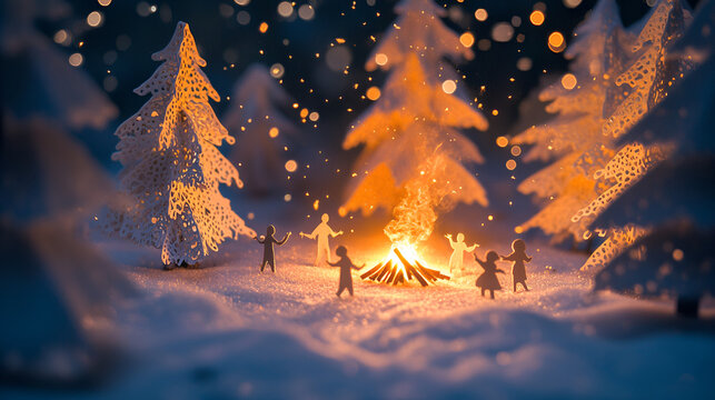 Papercut village festival with tiny people dancing around a bonfire snowy forest background