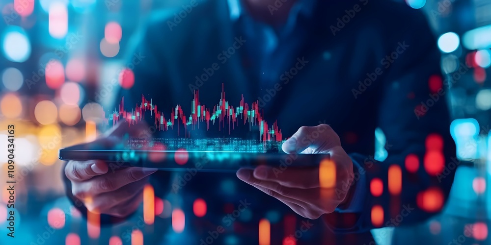A person holds a tablet displaying financial data visualizations ...