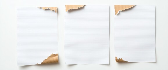 Poster - Three white papers with torn edges on a light background, showcasing texture and detail. Ideal for design, art projects, and stationary concepts.
