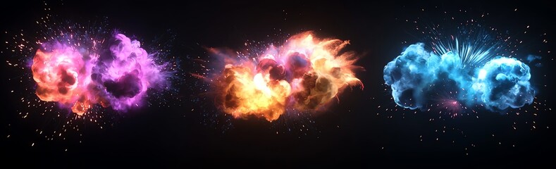 Poster - Vibrant colored energy explosions of pink, orange, and blue against a dark background. Dynamic and abstract shapes showcase the beauty of digital art and vibrant creativity.