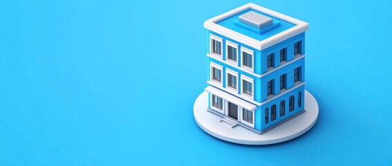 Poster - A stylized blue and white building model on a circular base against a blue background.