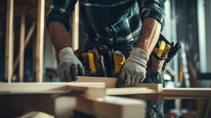 Poster - A skilled carpenter crafting intricate wooden trim details inside a residential construction site, Trim carpentry scene, Artisanal and detailed style