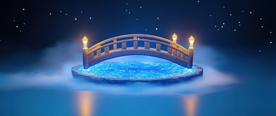 Aufkleber - A serene illuminated bridge over a glowing water pool surrounded by mist and stars.