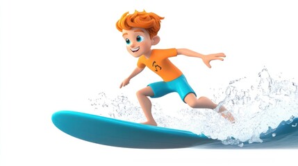 Poster - A cheerful animated boy surfing on a bright blue wave, showcasing fun and adventure.