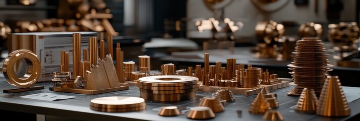 Aufkleber - A collection of metallic geometric shapes and models on a workspace surface.