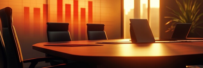Poster - A modern conference room with a wooden table and chairs, illuminated by sunset light.