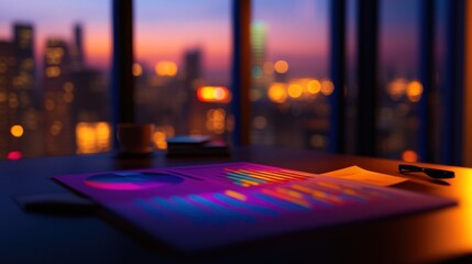 Poster - A desk with colorful data charts and a city skyline at dusk.