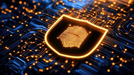 Poster - A glowing shield icon on a circuit board background, symbolizing cybersecurity.