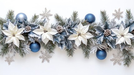 Poster - A festive arrangement featuring white poinsettias, blue ornaments, and snowy accents.