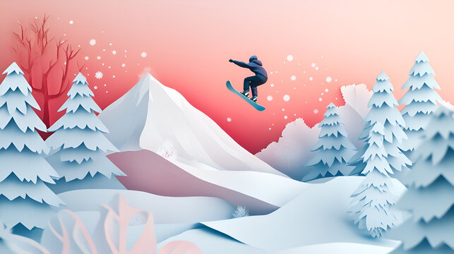 Snowboarder midair over a snowy mountain in a bold papercut winter