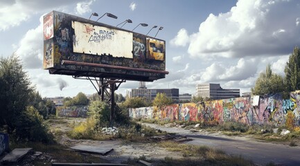 Poster - An abandoned area featuring a dilapidated billboard and graffiti-covered walls.