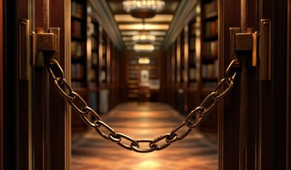 Aufkleber - A chained entrance to a grand library, suggesting restricted access to knowledge.