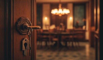 Poster - A key in a door lock, revealing a softly lit dining area in a wooden interior.