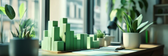 Poster - a modern workspace featuring green plant decor and a 3d bar graph model.