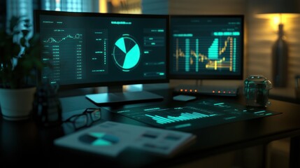 Poster - A modern workspace featuring data analytics on screens with graphs and charts.
