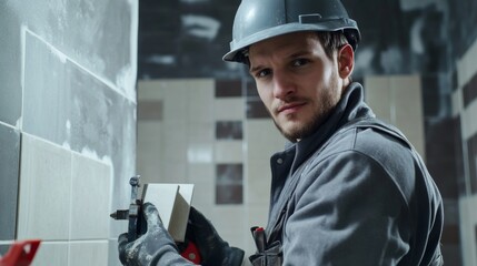 Poster - A tiler in a grey work uniform and safety helmet, holding a tile cutter and looking directly at the camera, with a backdrop of a tiled floor in progress and adhesive tools