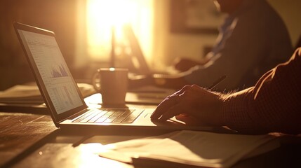 Poster - A person working on a laptop with documents and a coffee cup in a sunlit environment.