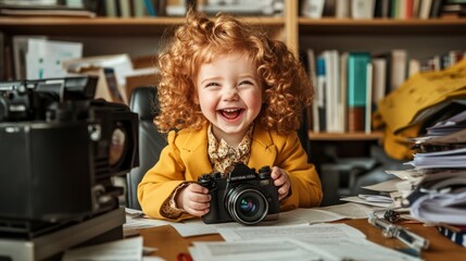 Aufkleber - A cheerful child with curly hair holds a camera amidst a cluttered desk filled with papers.