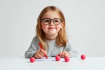 Fototapete - A child with glasses smiles while drawing, surrounded by colorful balls.