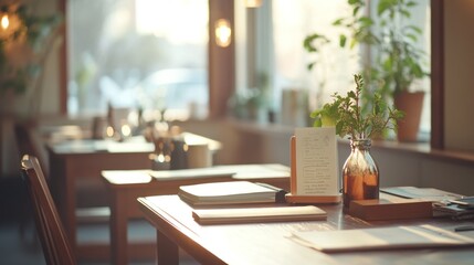 Leinwandbilder - A cozy café interior with natural light, plants, and neatly arranged tables.