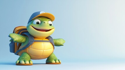 Aufkleber - A cheerful turtle character wearing a cap and backpack, ready for adventure.
