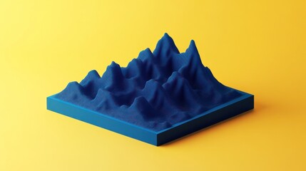 Poster - A blue 3D terrain model on a bright yellow background, showcasing mountainous features.