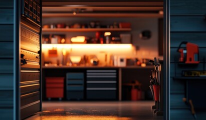 Poster - A well-organized garage workspace with tools and equipment illuminated by warm lighting.