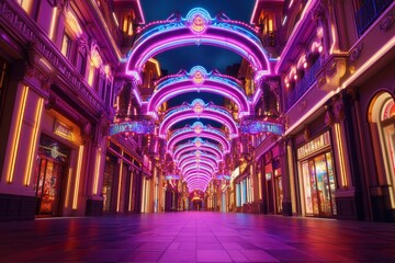 Poster - A vibrant, illuminated street featuring colorful arches and storefronts at night.