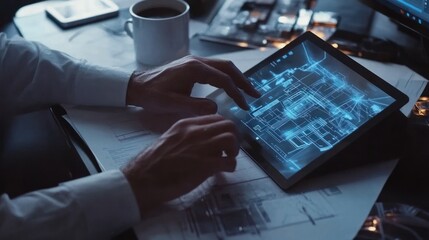 Poster - A person interacting with a digital tablet displaying architectural blueprints.