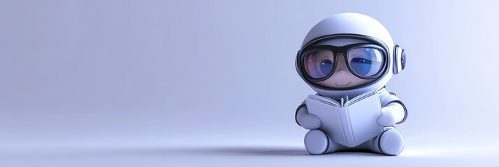 Poster - A cute character in a spacesuit reading a book, conveying curiosity and exploration.