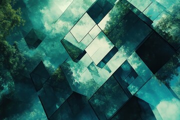 Poster - Abstract reflection of nature in fragmented glass shapes creating a surreal atmosphere.