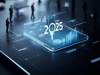 Aufkleber - A futuristic scene depicting a digital representation of the year 2025, with data analytics and figures amidst silhouettes of people.