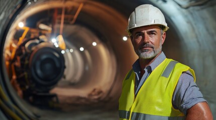 Poster - A tunneling engineer in a yellow vest and hard hat, standing next to a tunnel boring machine and looking into the camera, with underground tunnels and excavation equipment behind