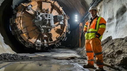 Poster - A tunnel boring machine operator in high-visibility clothing and a safety helmet, standing next to a massive boring machine, with tunnel walls illuminated in the background