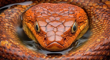 Aufkleber - A close-up of a vibrant orange snake coiled in water, showcasing its scales and eyes.