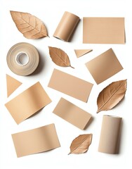 Poster - A collection of beige paper rolls, rectangles, and leaf-shaped cutouts arranged on a white background. Perfect for design, art projects, and creative backgrounds.