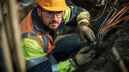 Aufkleber - A utility worker in a high-visibility jacket and protective gloves, repairing underground cables and looking into the camera, with excavation tools and wiring behind